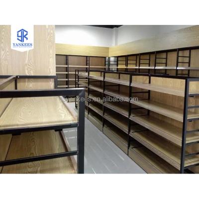 China Double Sided Shelf Store Display Racks Metal Supermarket Shelves Pharmacy Snack Wooden Gondola Shelf Display Stands for sale