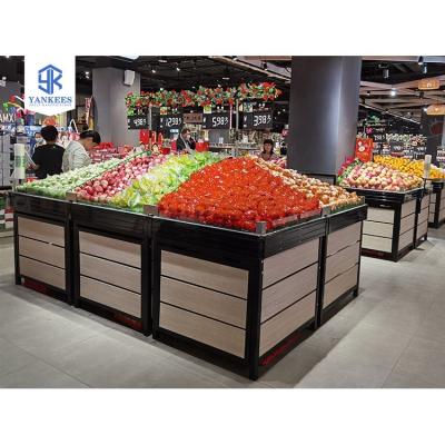 China Double Sides Double Sided Grocery Store Fruit Display Rack Supermarket Vegetable Wooden Shelves Design for sale