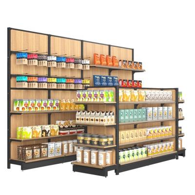 China Double-Sided Wall Shelf Wooden Shelving Rack and Metal Supermarket Gondola Wine Around Display Shelves for sale