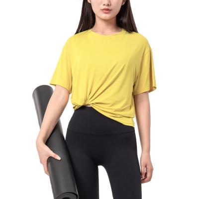 China Breathable Short Round Loose Collar T-shirt Slim Quick Dry Women's Yoga Sleeve Running Sports Shirt for sale