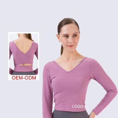 China Breathable Stylish Workout Running Sexy V Collar Women Crop Top Compression Yoga Shirts for sale