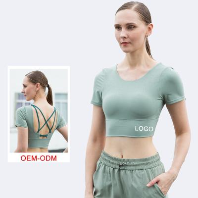 China New Design Girls Cross Waist Fitness Gym T-Shirts Breathable Back Short Sleeve Workout T-shirt For Women Tops for sale