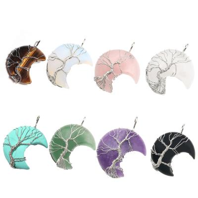 China Crystal Tree Of Life Moon CLASSIC Natural Shape Reiki Pendant Necklace Polished Mineral Stone Healing Jewelry For Women Men Pendant for sale