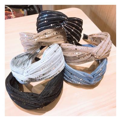 China All-match Sequins Vintage Lace Ribbon.crystal Wide Brim Hairpin Cross Headband All-match Head Accessories for sale