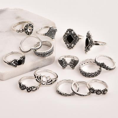 China Bohemia Detail 15 Pieces Set Antique Bohemian Silver Lotus Carved Ring Set Knuckles Ring Women's Jewelry Set for sale