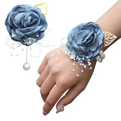 China Popular Beaded Wedding Decoration Gold Leaf Wrist Flower Rhinestone Corsage Bride and Groom Brooch Party Supplies S273F for sale