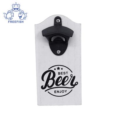 China The other beer bottle opener is made of wood and black metal opener, wall mounted wood for daily use bar (white) for sale