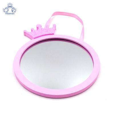 China Round Wall Mirror Decorative Small Mirror Pink Wooden Frame For Girl's Room, Decorative Makeup Mirror Hanging for sale