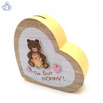 China Swine Coin Craft Money Savings Box Wooden Heart Shaped Coin Box for sale