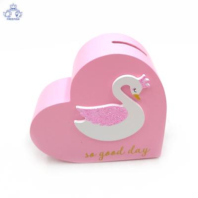 China Swan Princess Coin Piggy Bank Wooden Heart Shaped White Decor, Pink Fashion Coin Savings Bank for sale