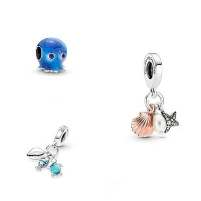 China 2022New Arrives925 ALE Original Logopan Ocean Blue Octopus Charm Fit Bracelet Trendy Silvery Cute Bead Children Men Kids Gift for sale