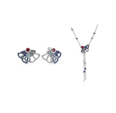 China CLASSIC S925 fan jewelry set classic clavicle necklace silver blue with original panLogo doraer women stud earring women gift for sale