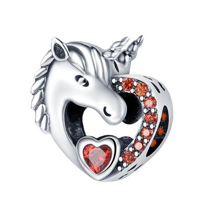 China CuteUnicorn S925 Hot Silver Plated Red Zircon Horse Charm DIY Fit Bracelet Necklace Kids Women Jewelry 2022 for sale