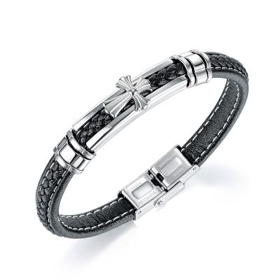 China New Hiphop Men's Jewelry Vintage Cross Leather Bracelet 316 Stainless Steel Titanium Steel Accessories Party Hip Hop for sale