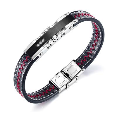 China Hiphop Men's Jewelry Hip Hop Leather Hip Hop Gift Mens Stainless Steel Skull Stainless Steel Bracelet Personality Titanium 316 Red for sale