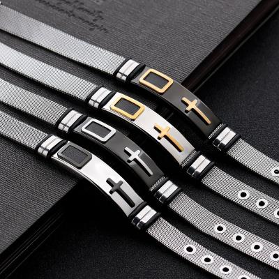 China Hot Men's Punk Jewelry Mesh Strap Bracelet Silicone Stainless Steel Cross Punk Titanium Steel Hip Hop Bracelet 316 for sale