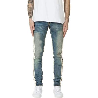 China Factory wholesale custom design QUICK DRY high end men's jeans knee hole side stripe double straight by slim fit jeans men OEM customs for sale