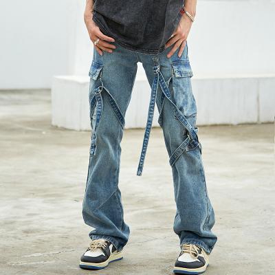 China QUICK DRY Multi Loose Design Big Pocket Straight Tube Personality Hip Hop Mid Waist Wash Casual Pants Ribbons Design Mens Jeans for sale