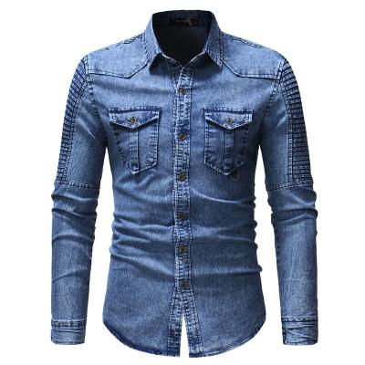 China Wholesale QUICK DRY Men's Long Jacket Denim Jacket Men's Slim Fit Sleeve Splice Pleated Casual Cardigan Men's Denim Shirt for sale