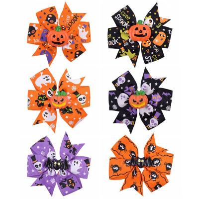 China Sweet 6Color Halloween Decoration Grosgrain Ribbon Hair Bows Babies Pumpkin Sunshine Hair Clips for sale