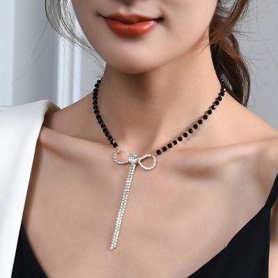 China BOHEMIA Bling Jewelry Clavicle Black Bowknot Pearl Necklace Chain Necklaces Bijoux Rhinestone Pendant Necklaces Women for sale