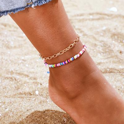 China BOHEMIA Tobilleras De Oro Multicolor Handmade Women Polymer Clay Anklets Colorful Beads Clay Disc Beads Stretch Anklet for sale