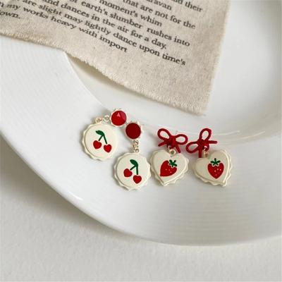 China Classic Fashion Irregular Geometric Bow Stitching White Red Acrylic Strawberry Cherry Stud Earrings Small Heart Earrings For Women for sale