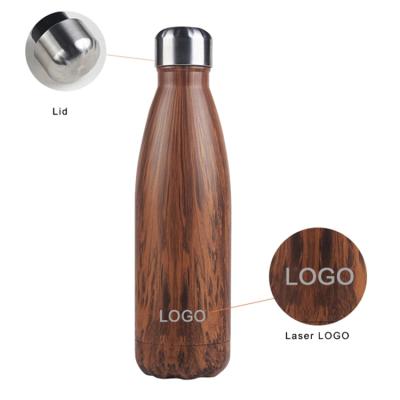 China Agriculture Sale Fashion 500ml Wooden Grain Travel Adventure Double Wall Stainless Steel Vacuum Hot Water Bottle Customized Logo for sale