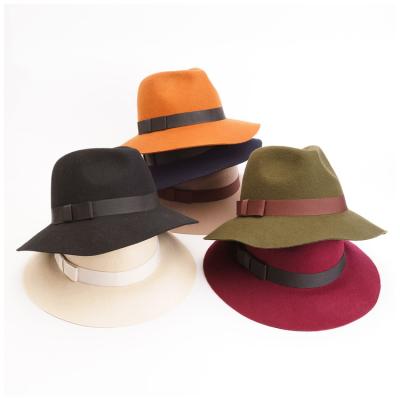 China Warm& Custom Made Women Comfortable Fedora Hats With Bowknot From Logo Wool Wide Brim Designer for sale