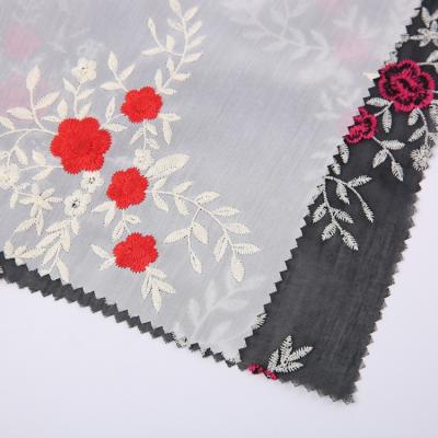 China Beautiful Design Fashion Cotton Georgette Linen Fabric Red Flower With All Over Embroidery for sale