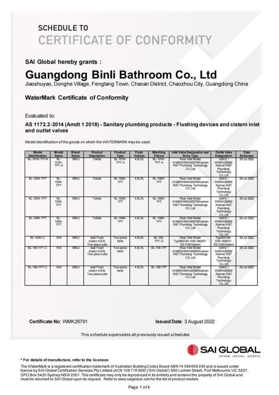 WaterMark - Guangdong Binli Bathroom Co., Ltd.