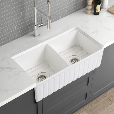 China Without Faucet Farmhouse Sink Apron-front Kitchen Farmhouse House Double Bowl Deep White Ceramic Porcelain Fireclay Sink for sale