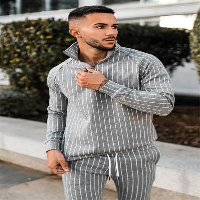 China QUICK DRY Custom Mens Sportswear Long Sleeve Stripe Collared Sweatshirt Full Zipper Two Piece Suit Suitable For Running for sale