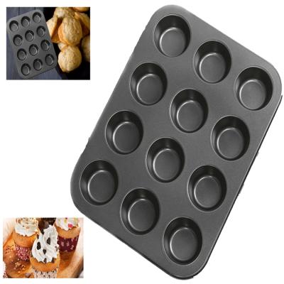 China Food Baking 12 Cups Carbon Steel Non-Stick Cake Muffin Roll Mold With Drop Bottom for sale