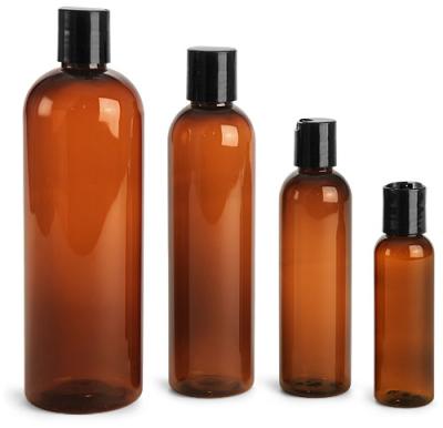 China Amber Plastic Lotions Bottles 8oz 250ml , Amber PET Cosmo Rounds With Black Flip Top Caps for sale