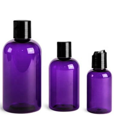 China Personal Care Products 4oz 8oz 16oz Boston Plastic Round Bottles Purple PET Comes With Black Disc Top Caps for sale