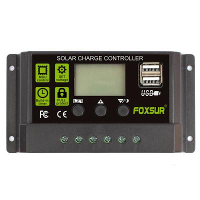 China New Solar Charger Controller FOXSUR Upgrade 10A Controller 12V/24V Automatic Identification Smart Charging Controller With LCD Display for sale