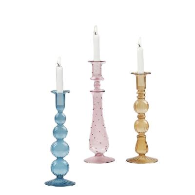 China Home Decoration Wedding Decoration Wholesale Hand Blown Light Glass Candle Holder Wedding Wavy Glass Candlestick for sale