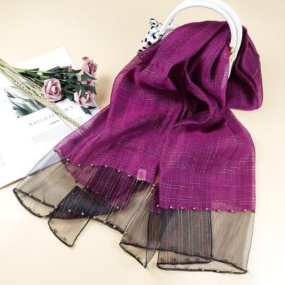 China New Sunscreen Comfortable Female Shawl Elegant Silk Scarf And Handmade Beaded Wool Blend Silk Scarf for sale