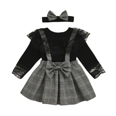 China Breathable Autumn Plaid Bow Black Lace Long Sleeve Girls Party Baby Princess Dress for sale