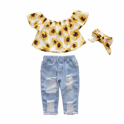 China 3 Piece Printed Summer Girl's Casual Sunflower Set Clothes Kids Children's Sportswear for sale