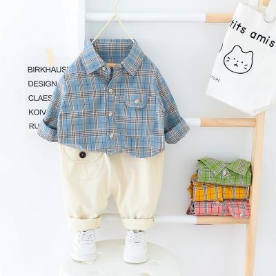 China Spring Toddler Boys Casual 2 Pieces Clothing Set Long Sleeves Plaid Shirt Clothing Set For Kids for sale