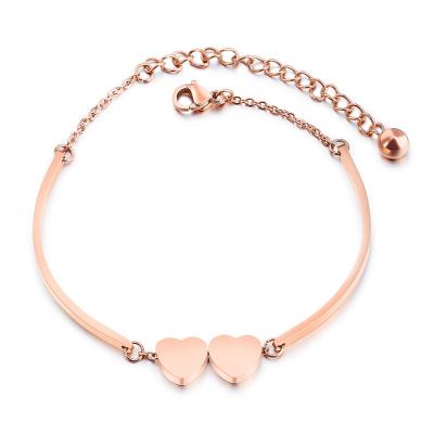 China High Quality Romantic Stainless Steel Women's Double Heart Shape Rose Gold Plated Bracelets & Bangles for sale