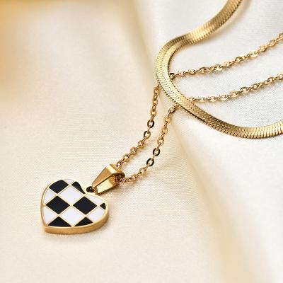 China Simple Love CLASSIC CIA CLASSIC Checkerboard Heart Pendant Necklace Wild Titanium Female Layered Double Steel Clavicle Chain for sale