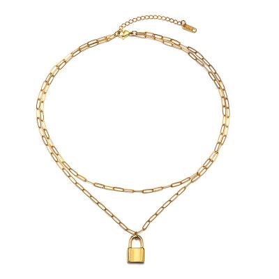 China CLASSIC CLASSIC Long O Lock Pendant Flat Chain Gold Plated Stainless Steel Women Double Layered Necklace for sale