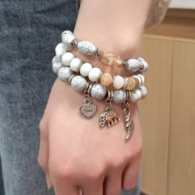 China Trendy Love Elephant Color Gray Crack Stone Beads Mixed Jewelry Fashion Pendant Bracelet Set Women for sale