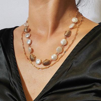 China Trendy Trendy Geometric Pearl Layered Necklace Ocean Scallop Shape Shell Jewelry Simple Chain Necklace for sale