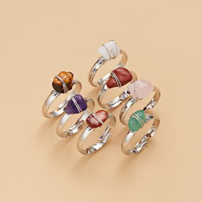 China FASHIONABLE Healing Crystal Natural Stone Ring Statement Raw Copper Wire Wrapped Irregular Crystal Gemstone Adjustable Opne Ring Jewelry for sale