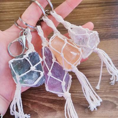 China Lucky Original Stone Fluorite Transparent Ring Large Crystal Natural Stone Pendant Key Chain Amethyst Bohemian Key Bag Key Chain for sale