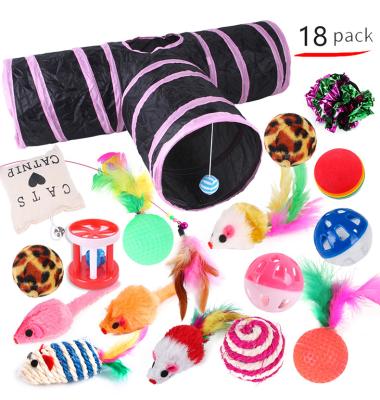 China Stocked Pet Toy Cat Tunnel Teaser Cat Stick Mouse Accessory Toy 18-Piece Set for sale